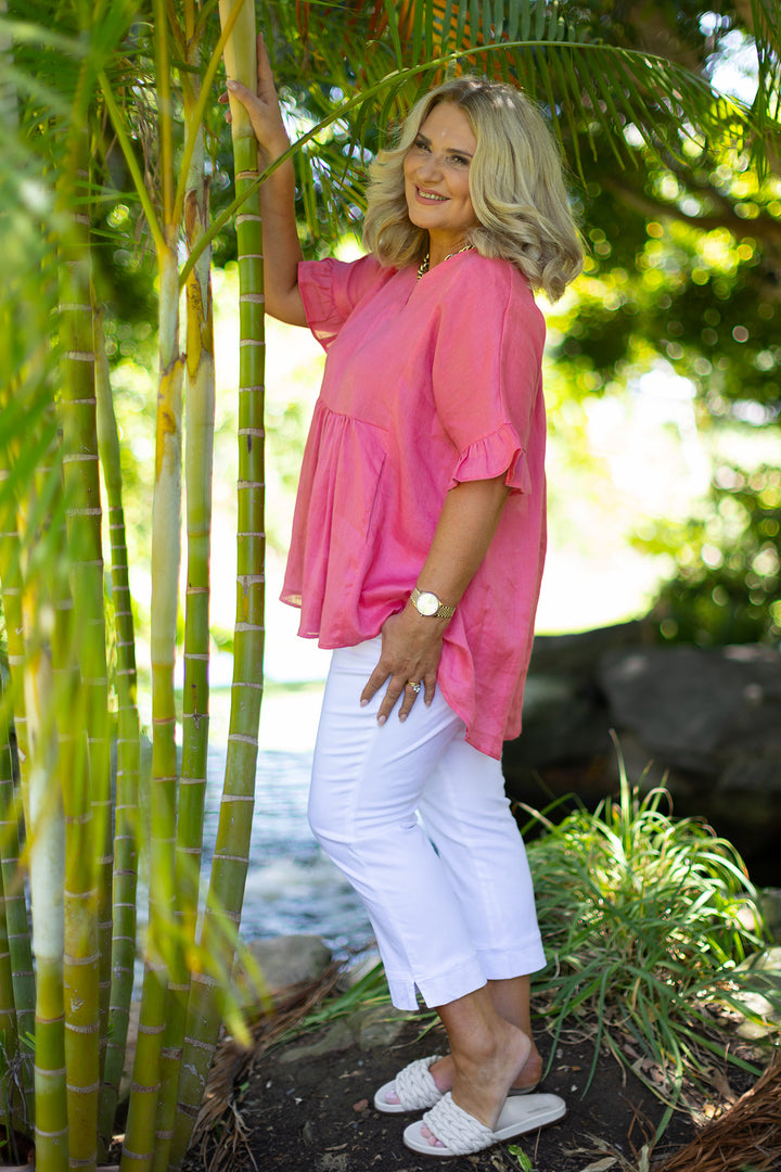 Allegra V Neck Frill Top | Melon Pink